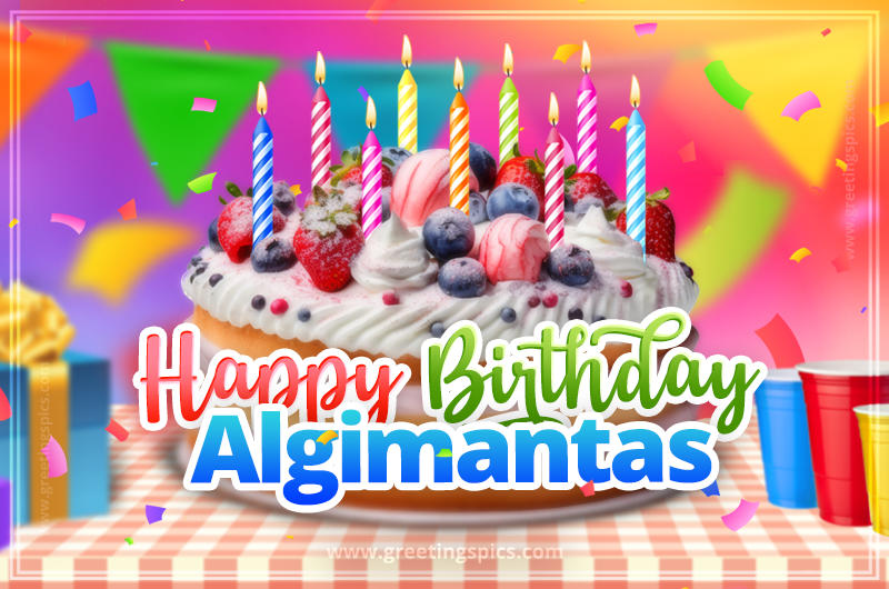 Happy Birthday Algimantas Colorful Image with fruit cake and candles