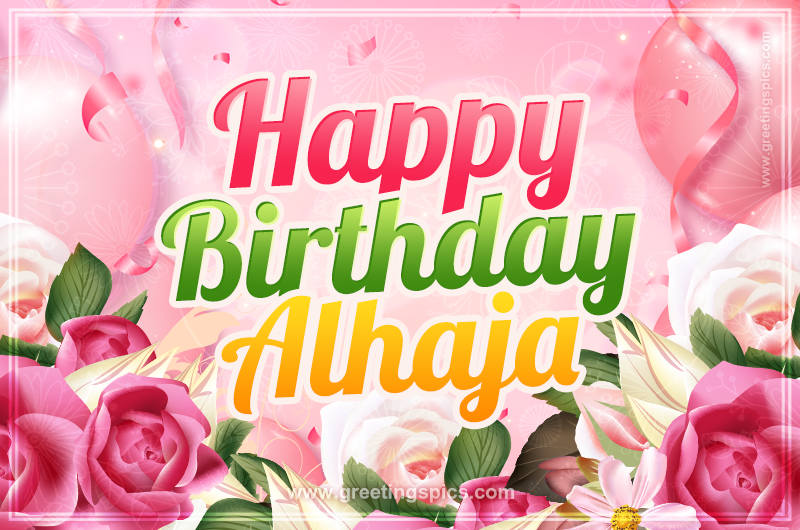 Image with gentle pink background and flowers Happy Birthday Alhaja