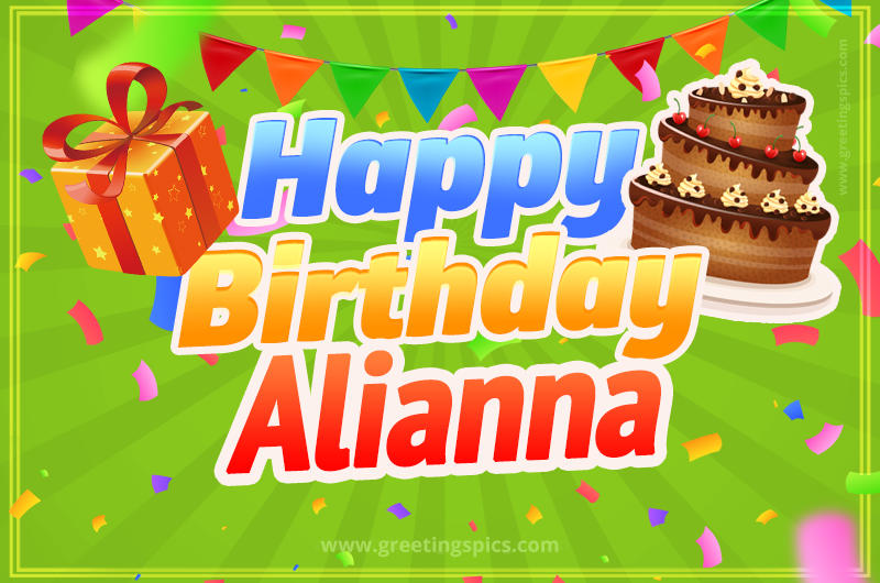 Happy Birthday Alianna picture with flags, chocolate cake and gift box