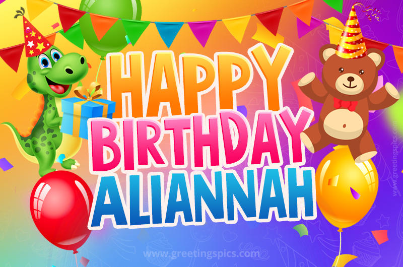 Happy Birthday Aliannah Image for a child with cute dinosaur and bear