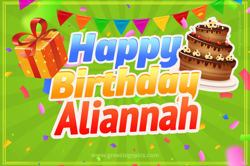 Happy Birthday Aliannah picture with flags, chocolate cake and gift box