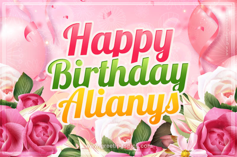 Image with gentle pink background and flowers Happy Birthday Alianys