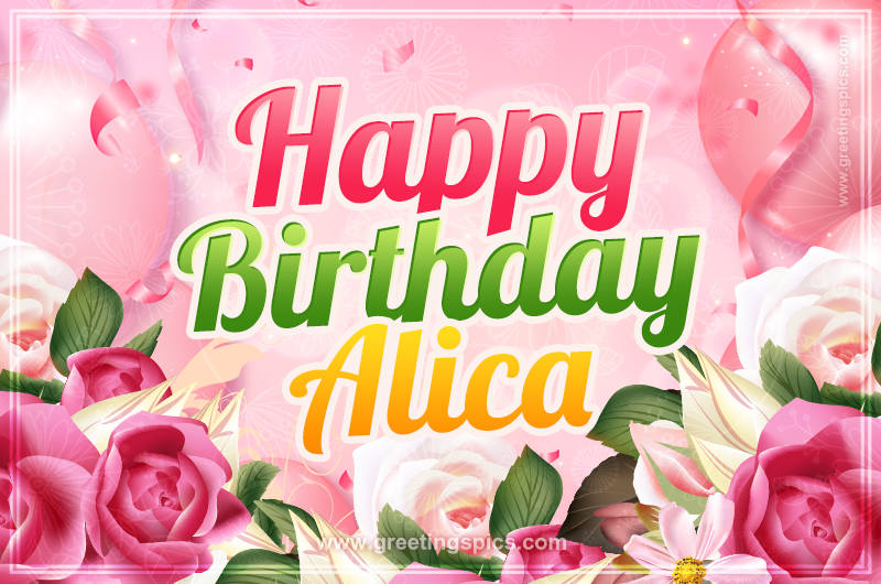 Image with gentle pink background and flowers Happy Birthday Alica