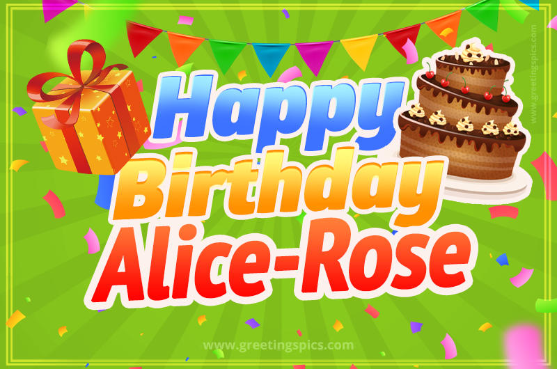 Happy Birthday Alice-Rose picture with flags, chocolate cake and gift box