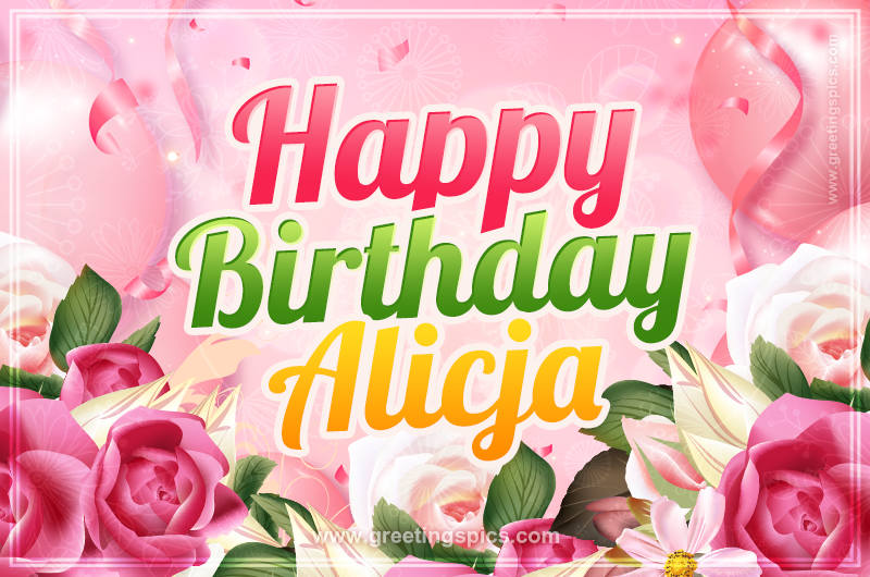 Image with gentle pink background and flowers Happy Birthday Alicja