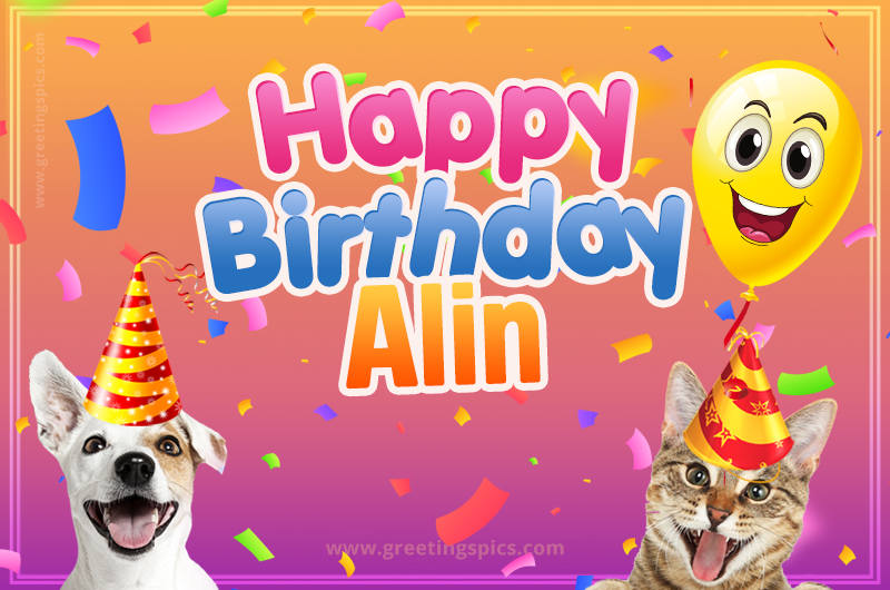 Happy Birthday Alin Funny Image with cat and dog