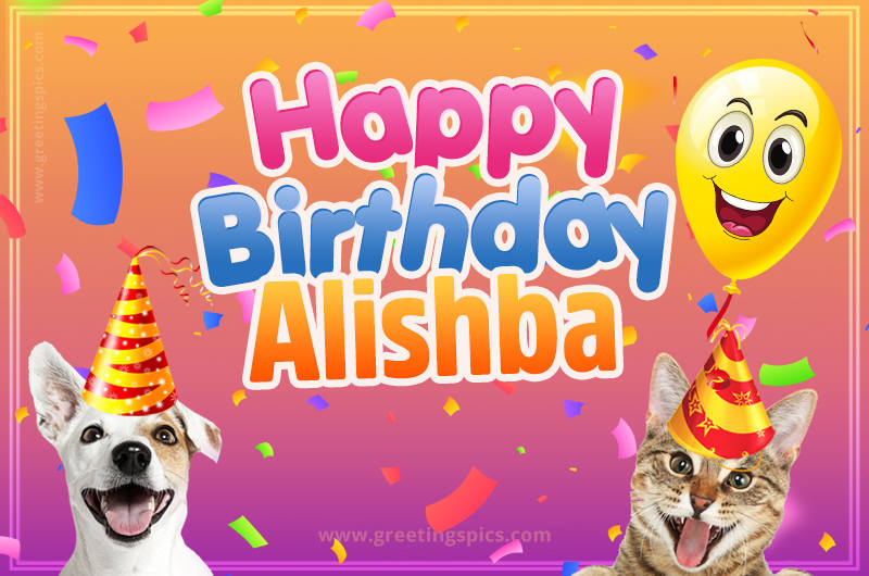 Happy Birthday Alishba Funny Image with cat and dog