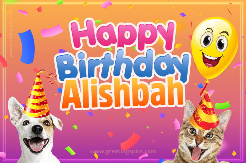 Happy Birthday Alishbah Funny Image with cat and dog