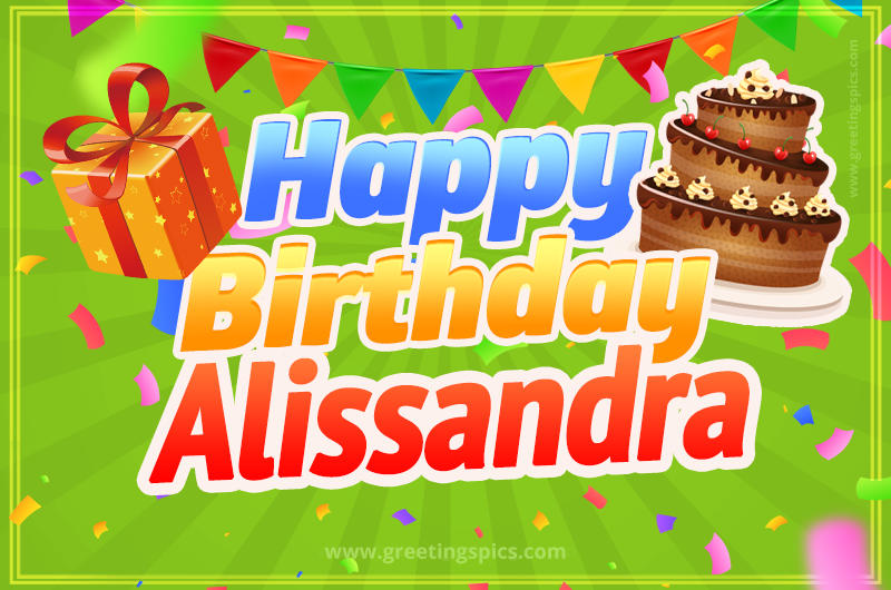 Happy Birthday Alissandra picture with flags, chocolate cake and gift box