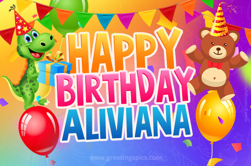 Happy Birthday Aliviana Image for a child with cute dinosaur and bear