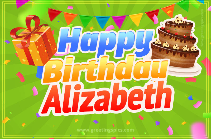 Happy Birthday Alizabeth picture with flags, chocolate cake and gift box