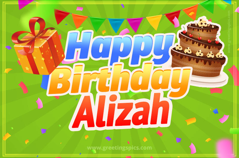 Happy Birthday Alizah picture with flags, chocolate cake and gift box