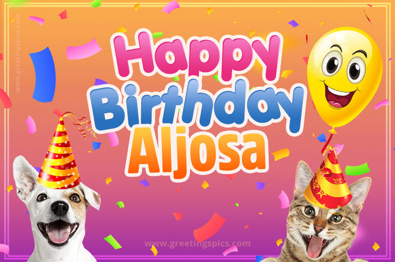 Happy Birthday Aljosa Funny Image with cat and dog