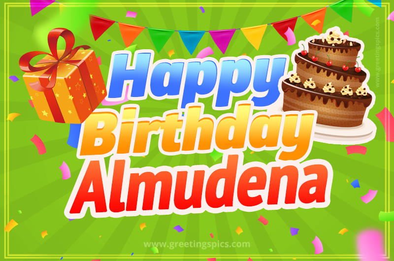 Happy Birthday Almudena picture with flags, chocolate cake and gift box