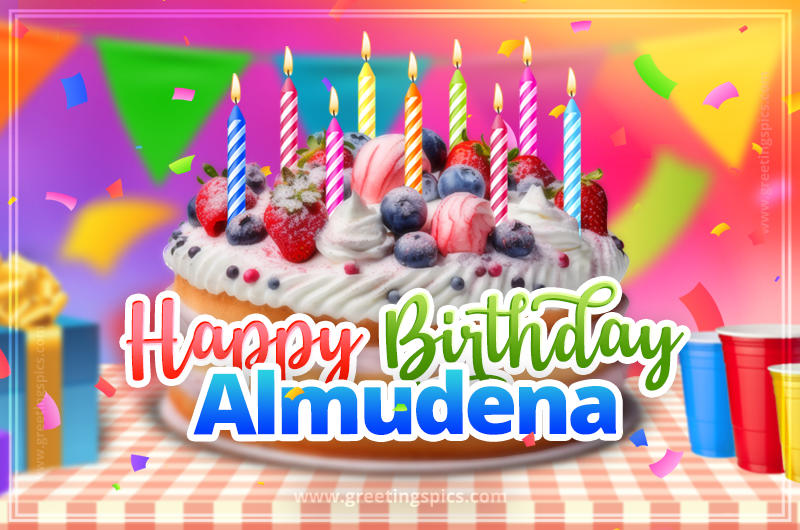 Happy Birthday Almudena Colorful Image with fruit cake and candles