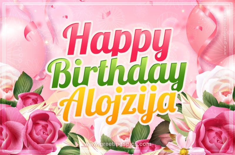 Image with gentle pink background and flowers Happy Birthday Alojzija