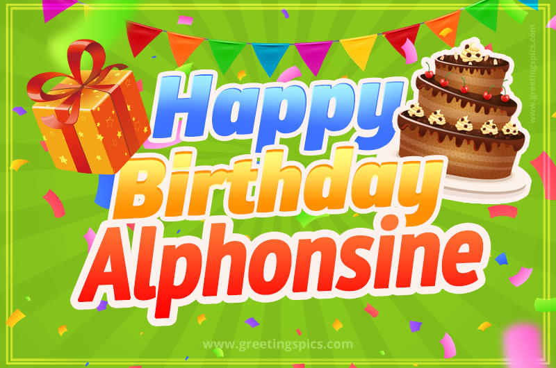 Happy Birthday Alphonsine picture with flags, chocolate cake and gift box