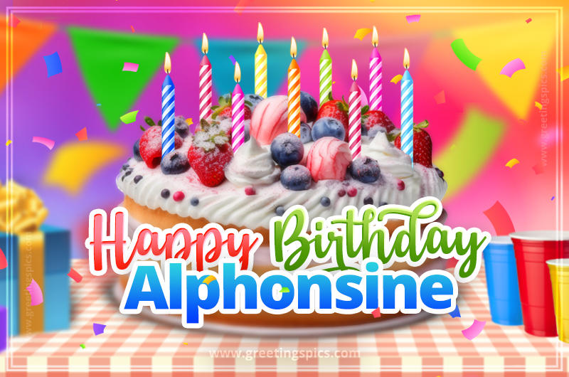 Happy Birthday Alphonsine Colorful Image with fruit cake and candles