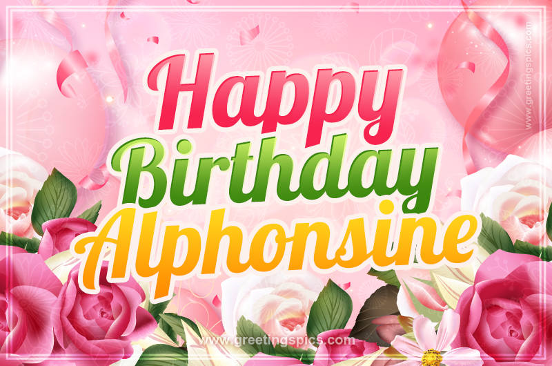 Image with gentle pink background and flowers Happy Birthday Alphonsine