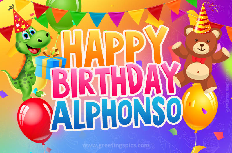 Happy Birthday Alphonso Image for a child with cute baby dinosaur and bear