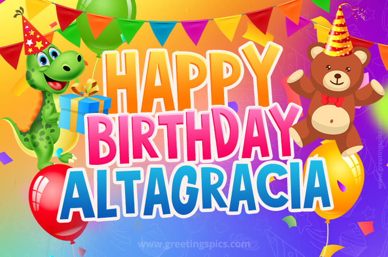 Happy Birthday Altagracia Image for a child with cute dinosaur and bear