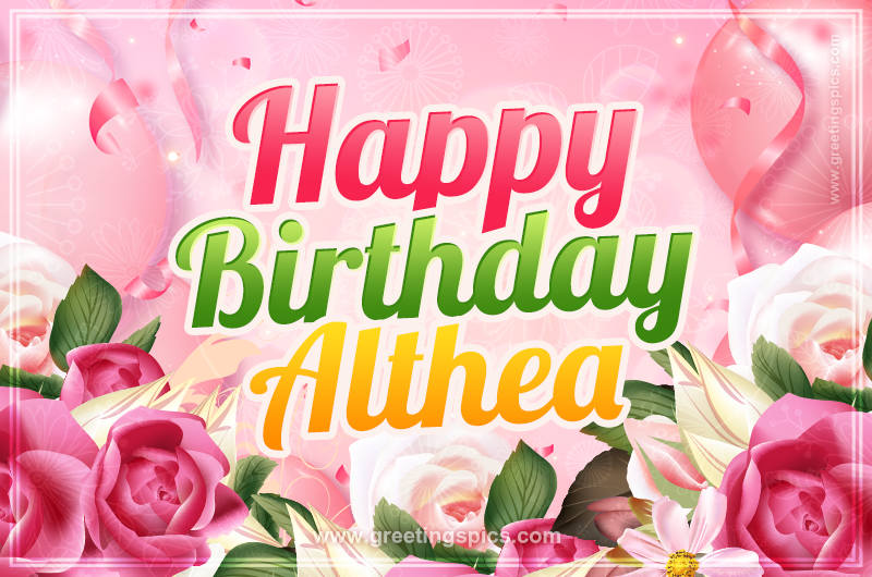 Image with gentle pink background and flowers Happy Birthday Althea