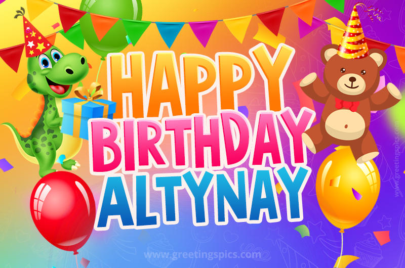 Happy Birthday Altynay Image for a child with cute dinosaur and bear