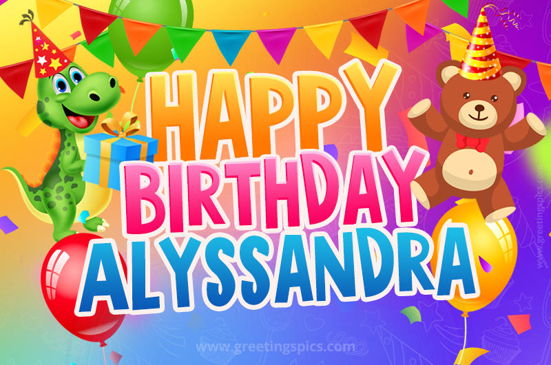 Happy Birthday Alyssandra Image for a child with cute dinosaur and bear