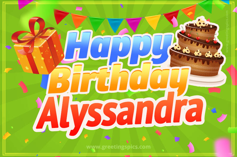 Happy Birthday Alyssandra picture with flags, chocolate cake and gift box