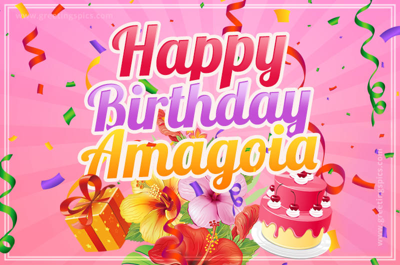 Beautiful Birthday Card for Amagoia with Cake and bouquet of flowers