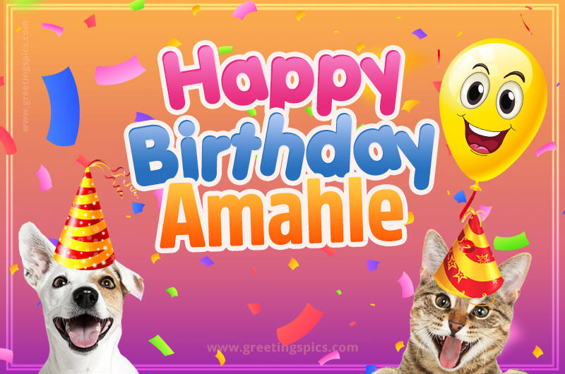 Happy Birthday Amahle Funny Image with cat and dog