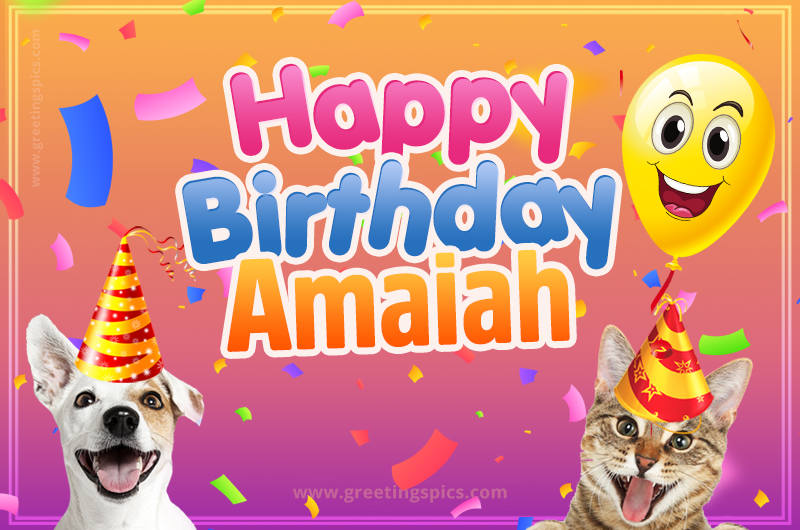 Happy Birthday Amaiah Funny Image with cat and dog