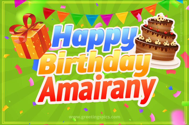 Happy Birthday Amairany picture with flags, chocolate cake and gift box