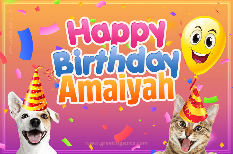 Happy Birthday Amaiyah Funny Image with cat and dog