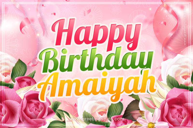 Image with gentle pink background and flowers Happy Birthday Amaiyah