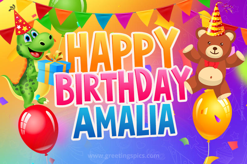 Happy Birthday Amalia Image for a child with cute dinosaur and bear