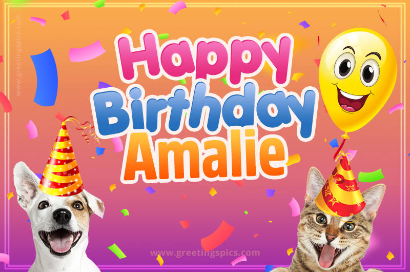 Happy Birthday Amalie Funny Image with cat and dog