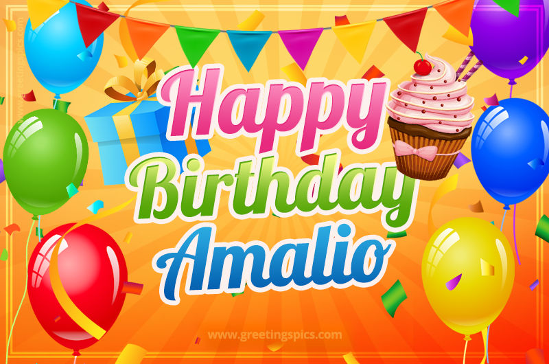 Happy Birthday Amalio eCard with gift box and cupcake