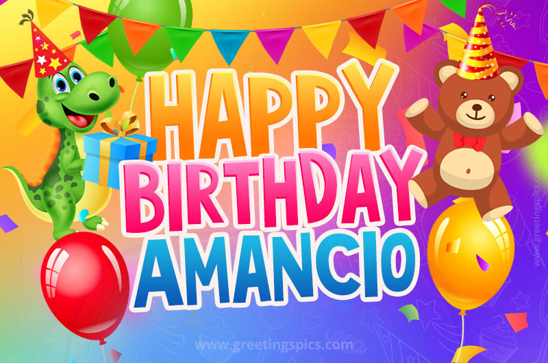 Happy Birthday Amancio Image for a child with cute baby dinosaur and bear