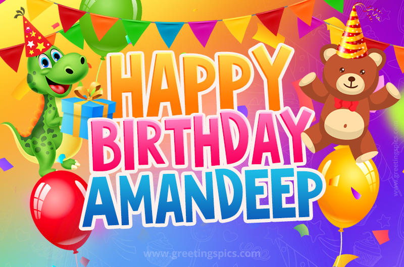 Happy Birthday Amandeep Image for a child with cute baby dinosaur and bear