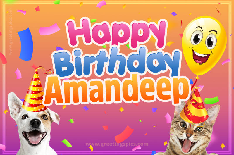 Happy Birthday Amandeep Funny Image with cat and dog