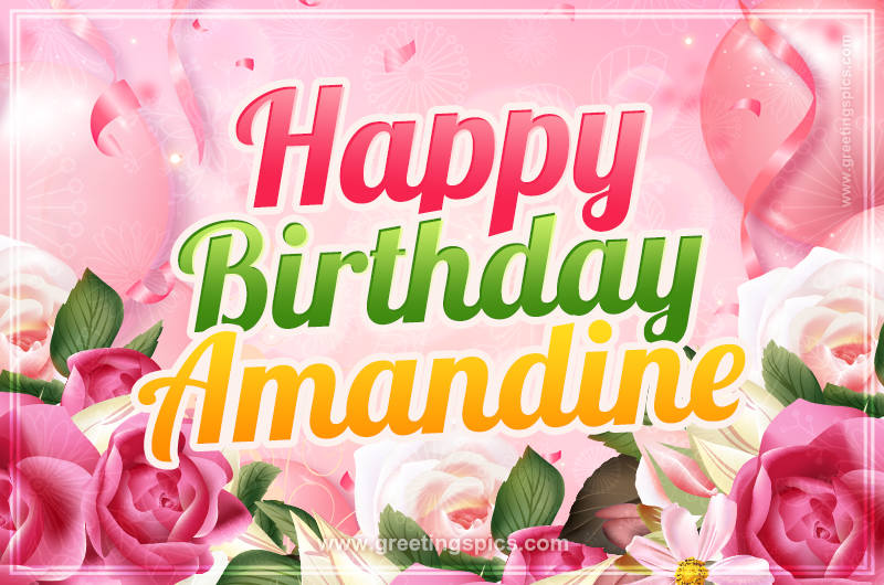 Image with gentle pink background and flowers Happy Birthday Amandine