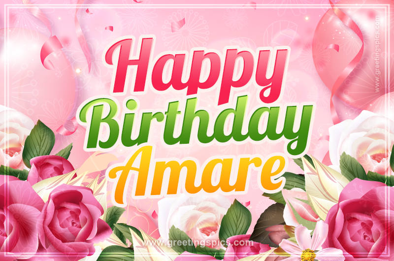 Image with gentle pink background and flowers Happy Birthday Amare