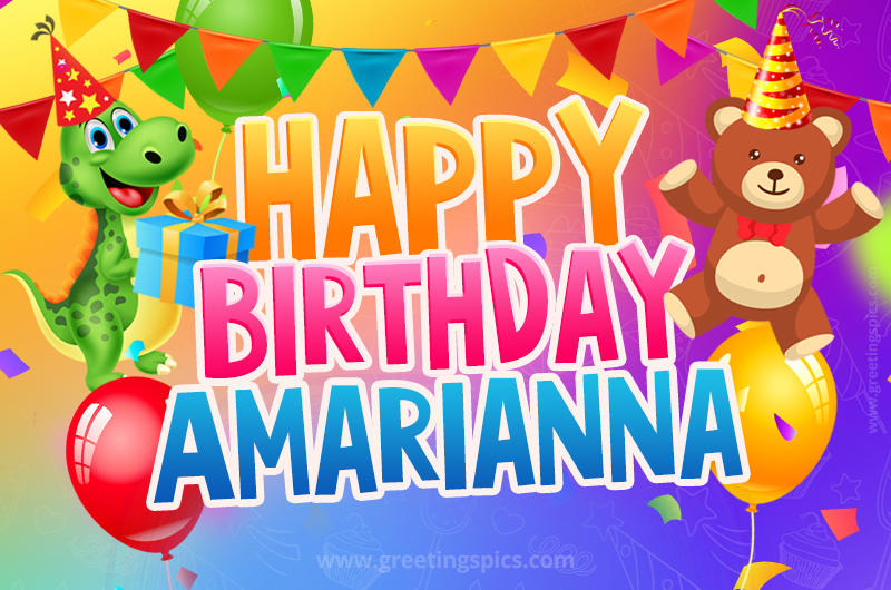 Happy Birthday Amarianna Image for a child with cute dinosaur and bear