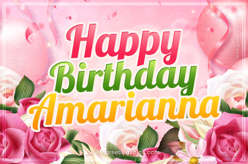 Image with gentle pink background and flowers Happy Birthday Amarianna