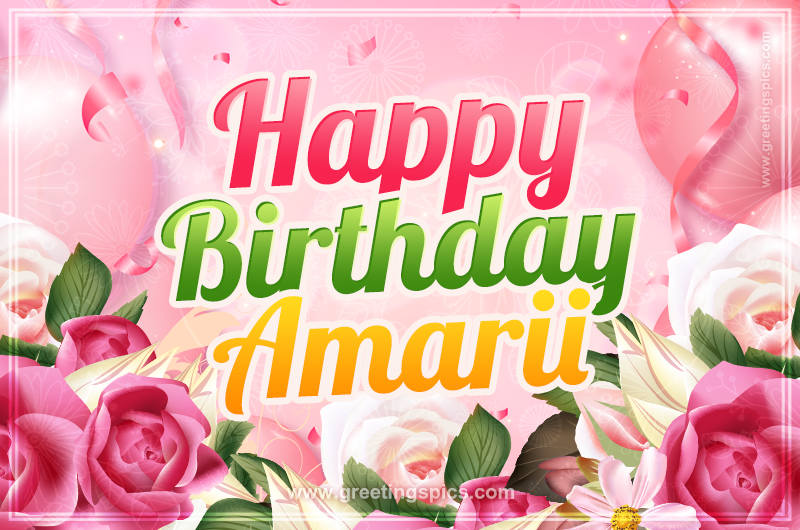 Image with gentle pink background and flowers Happy Birthday Amarii