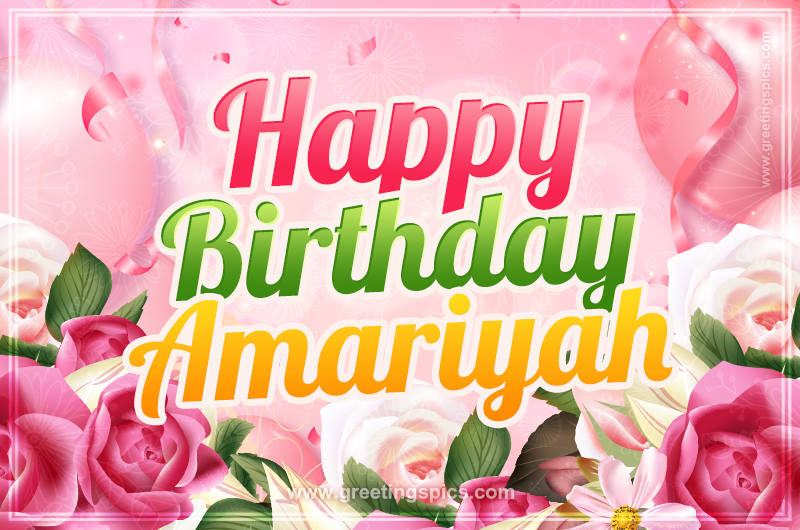 Image with gentle pink background and flowers Happy Birthday Amariyah