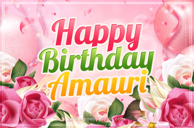 Image with gentle pink background and flowers Happy Birthday Amauri