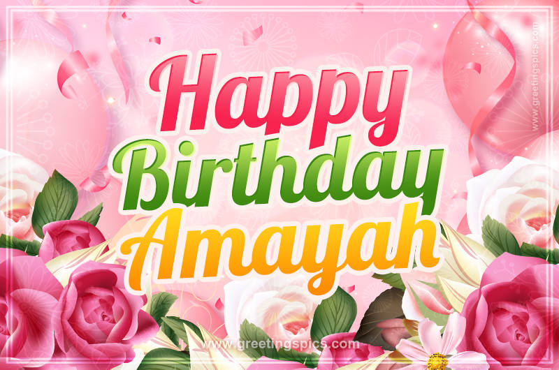 Image with gentle pink background and flowers Happy Birthday Amayah