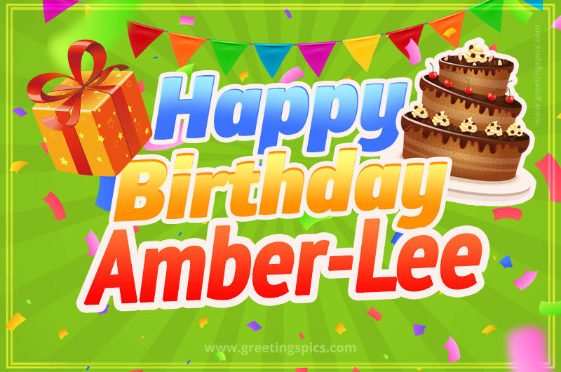 Happy Birthday Amber-Lee picture with flags, chocolate cake and gift box